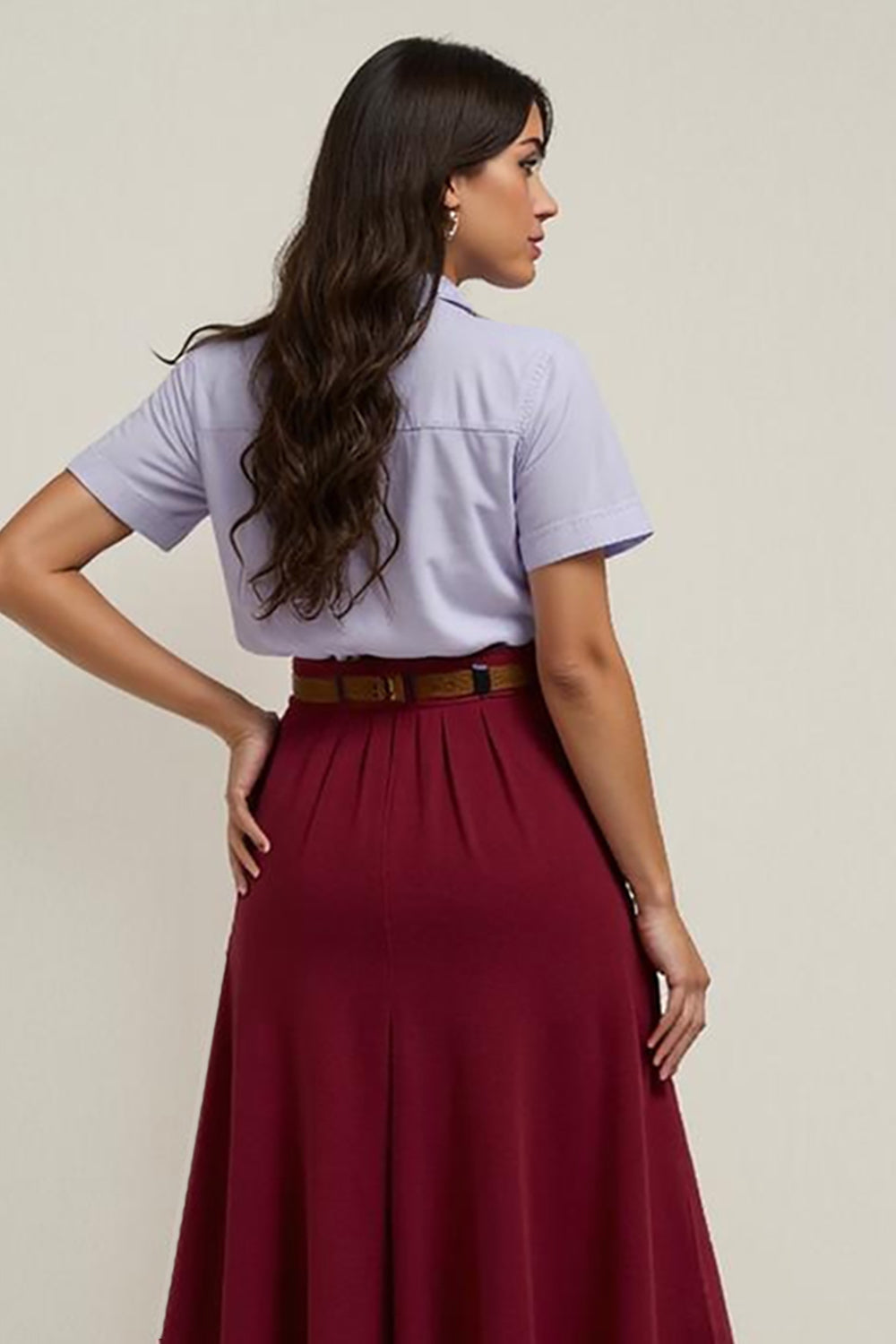 2 Piece Burgundy Collar A Line Blouses and Skirt with Belts