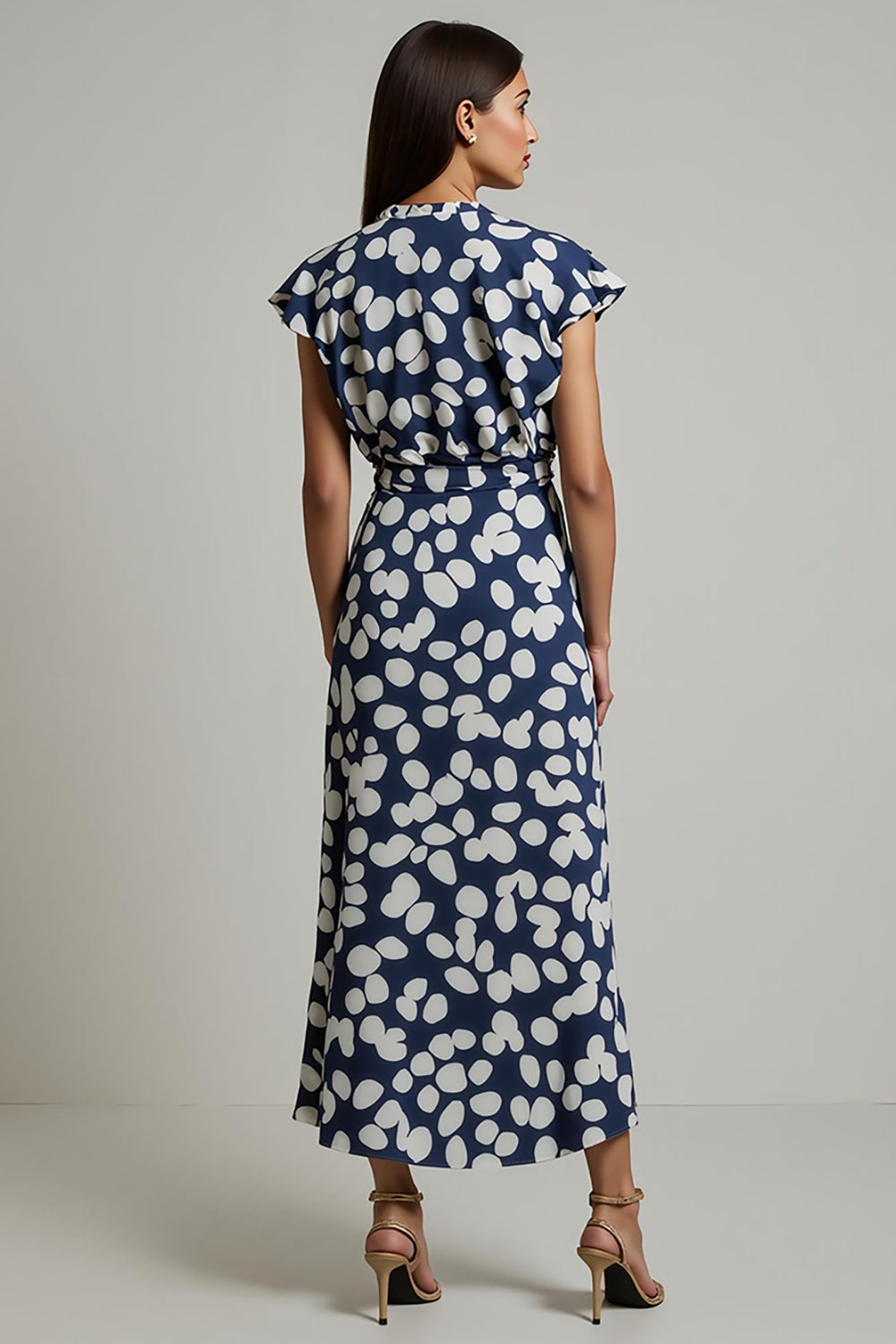 White Blue Printed Sheath V-Neck Maxi Wedding Guest Dress with Slit