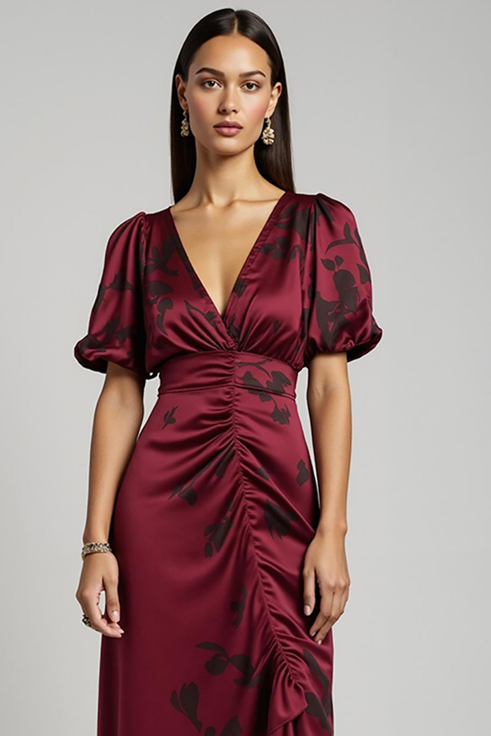 Burgundy Bodycon Satin V-Neck Asymmetrical Midi Work Dress