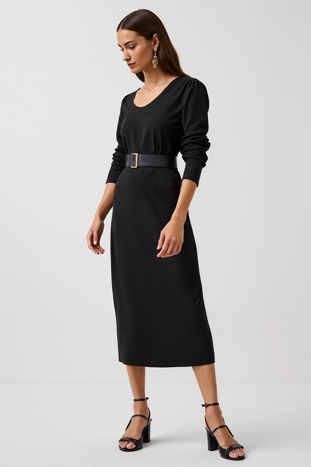 Simple Black Pencil Round Neck Midi Work Dress with Long Sleeves