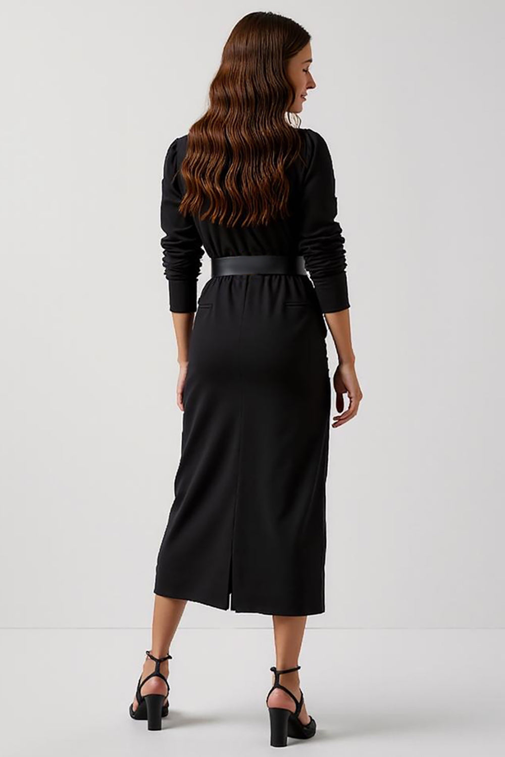 Simple Black Pencil Round Neck Midi Work Dress with Long Sleeves
