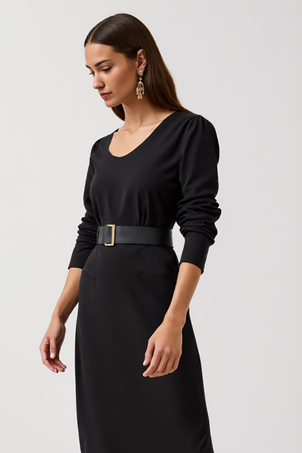 Simple Black Pencil Round Neck Midi Work Dress with Long Sleeves
