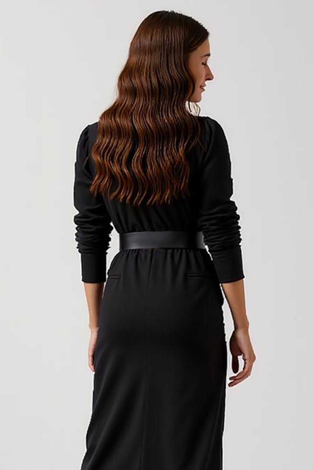 Simple Black Pencil Round Neck Midi Work Dress with Long Sleeves