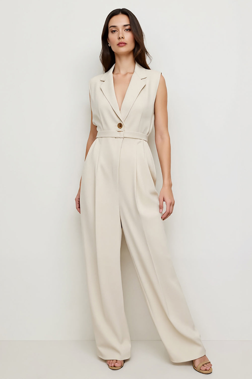 Simple Ivory Satin Notched Lapel Work Jumpsuits