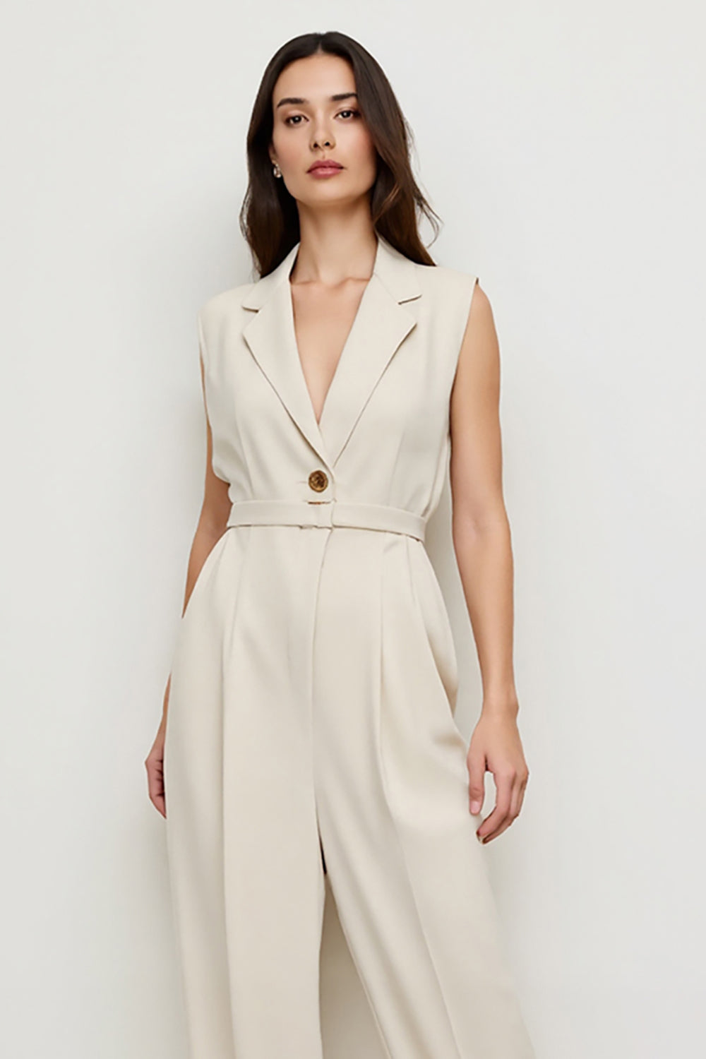 Simple Ivory Satin Notched Lapel Work Jumpsuits