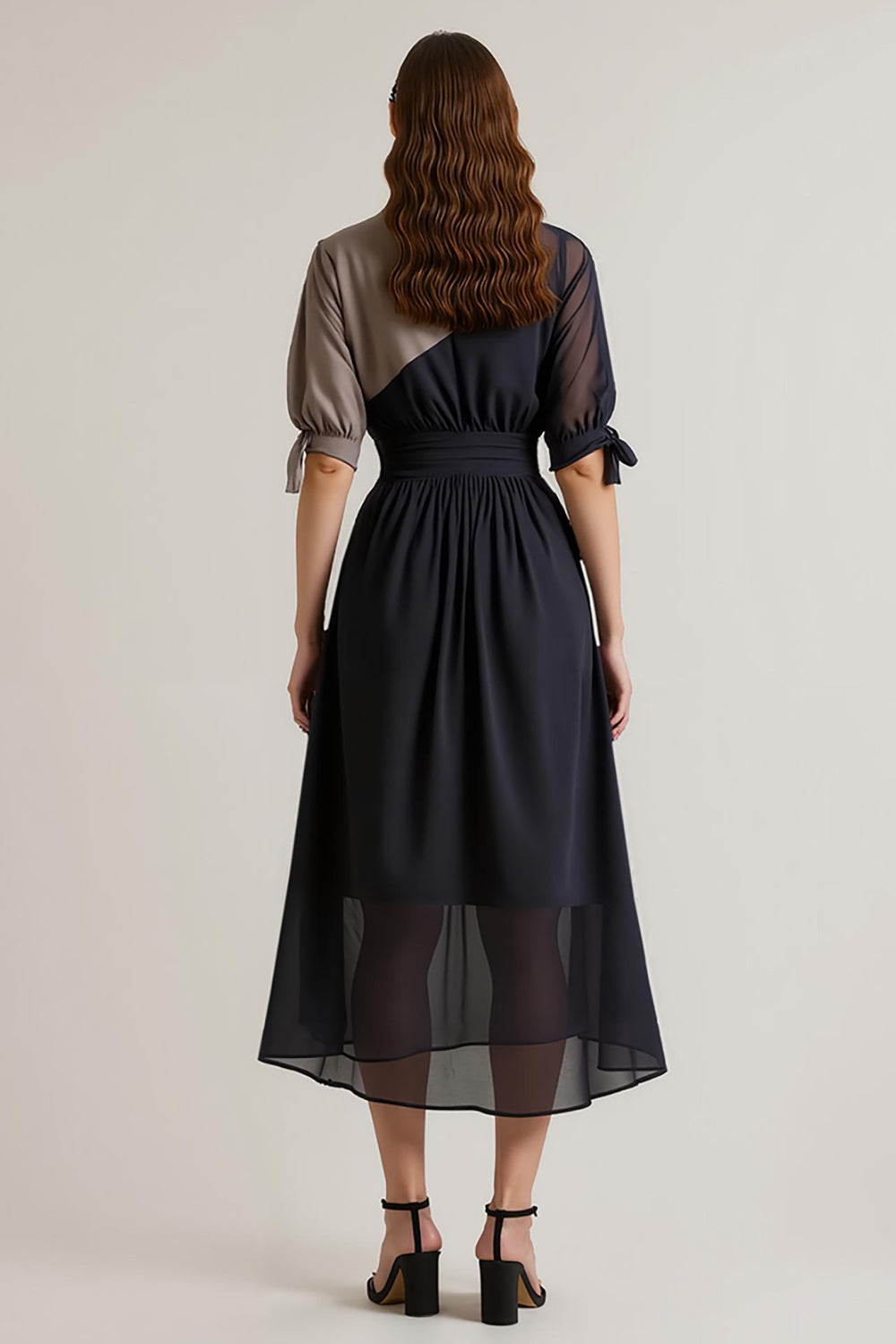 Black Chiffon V-Neck Patchwork Midi Work Dress with Sleeves