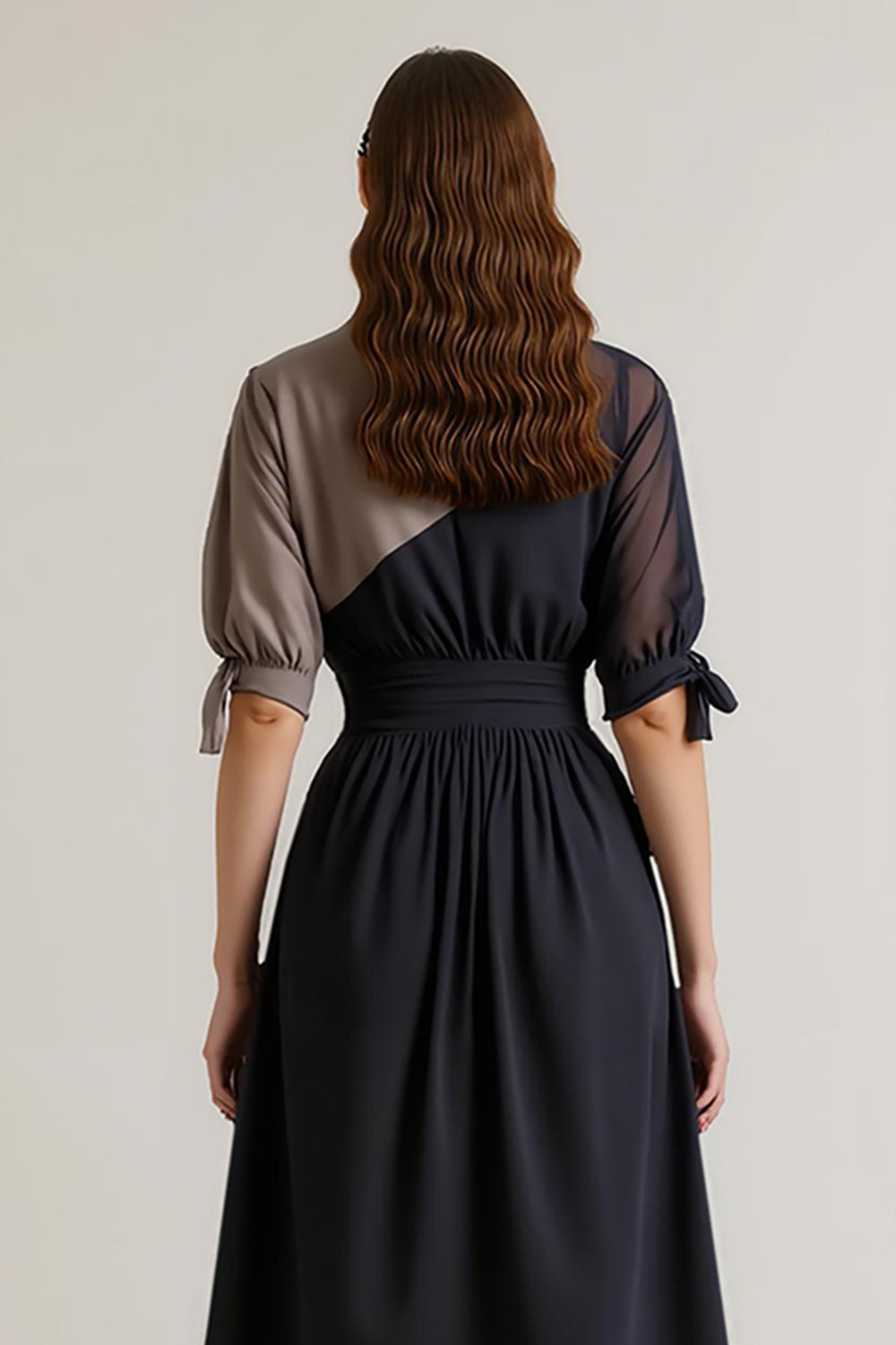 Black Chiffon V-Neck Patchwork Midi Work Dress with Sleeves