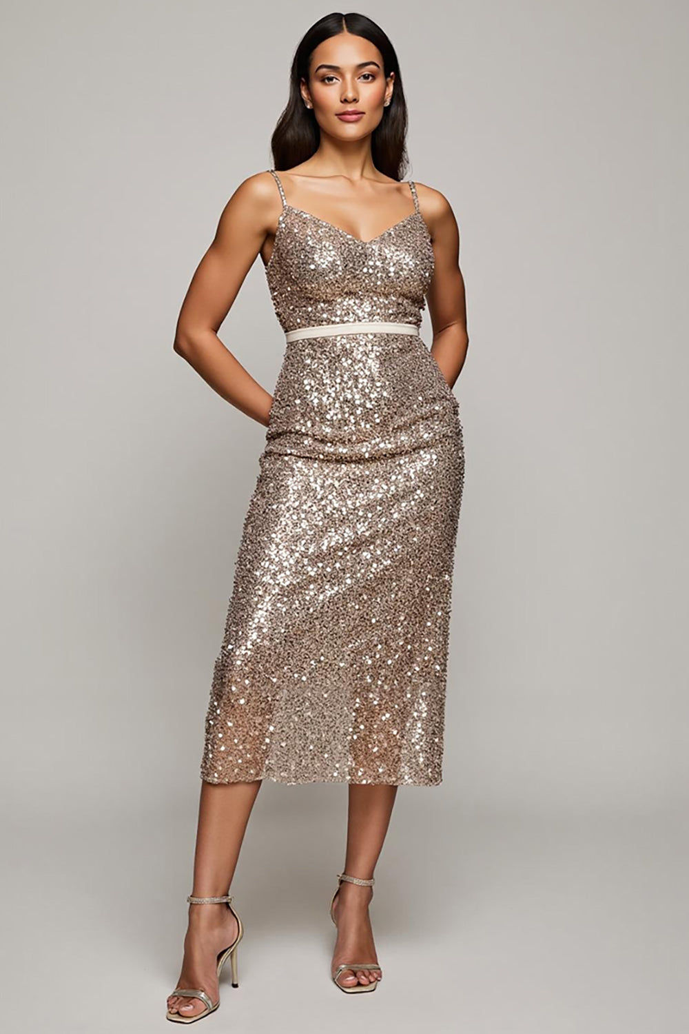 Sparkly Golden Sequins Bodycon Midi Holiday Party Dress