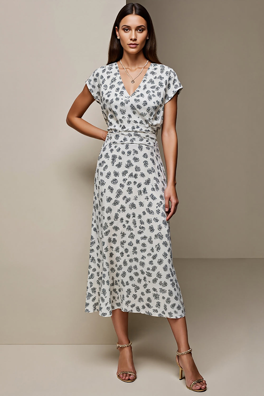 White Blue Sheath Printed V-Neck Maxi Wedding Guest Dress