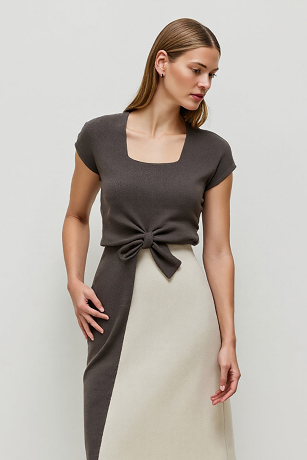 Coffee Pencil Patchwork Midi Work Dress with Sleeves