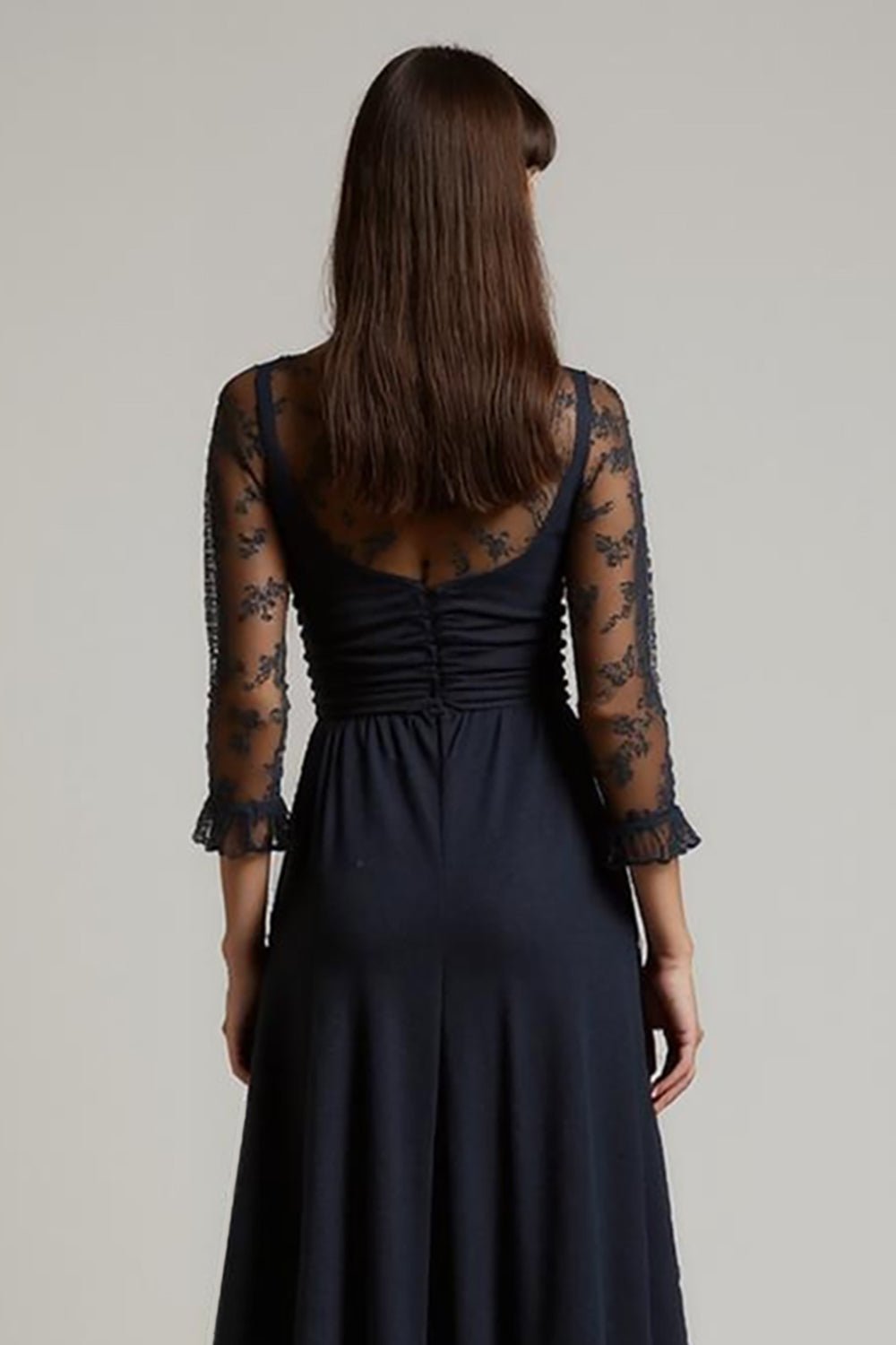 Navy V-Neck Ruched Chiffon Maxi Work Dress with Sleeves