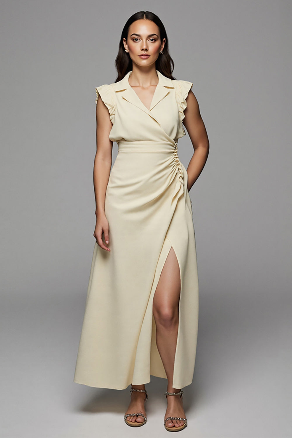 Apricot Notched Lapel Satin Maxi Work Dress with Slit
