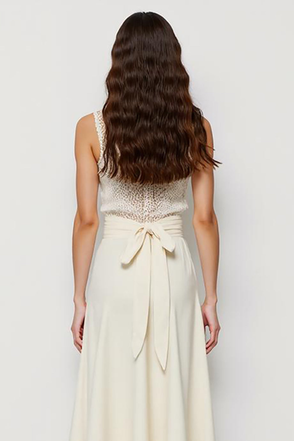 White Satin Pencil Scoop Bow Midi Work Dress with Sash