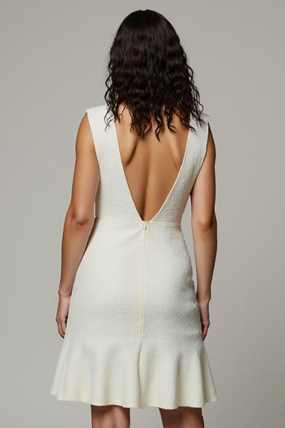 White Satin V-Neck Backless Short Work Dress with 3D Flowers