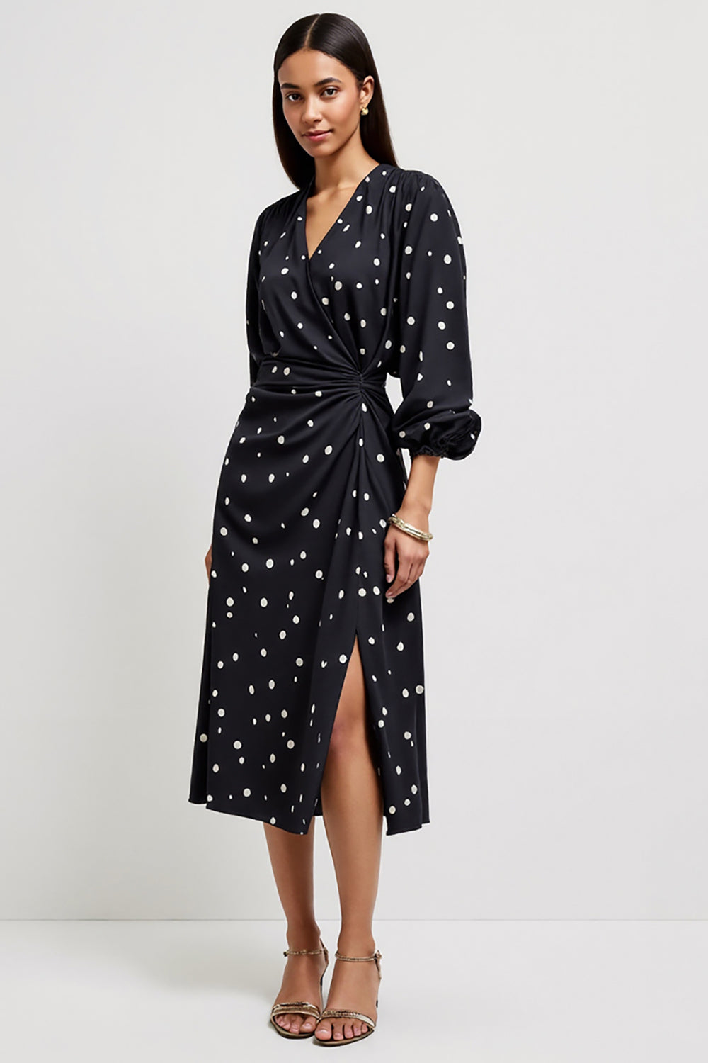 Black Printed V-Neck Ruched Midi Polka Dot Work Dress with Slit