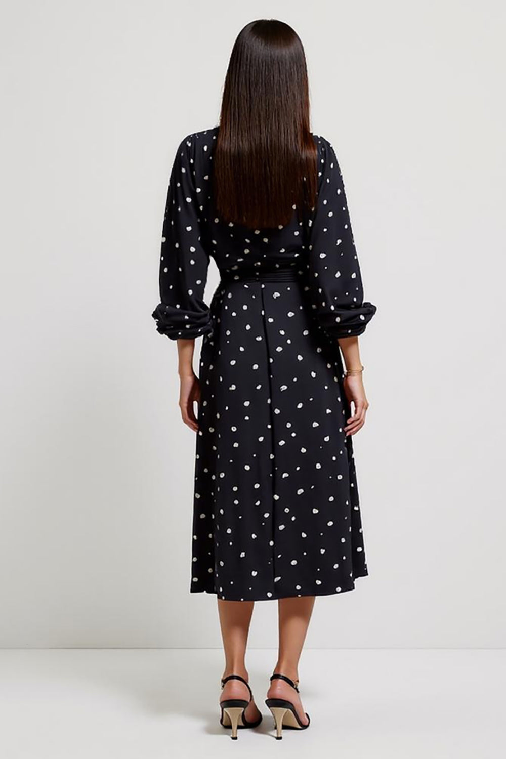 Black Printed V-Neck Ruched Midi Polka Dot Work Dress with Slit