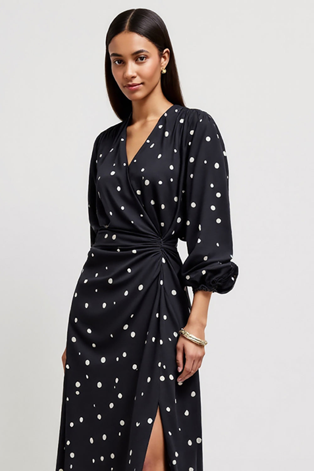 Black Printed V-Neck Ruched Midi Polka Dot Work Dress with Slit