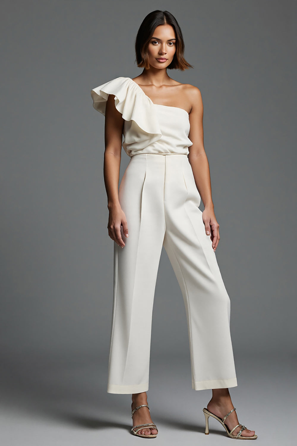 Simple Ivory One Shoulder Work Jumpsuits with Ruffles