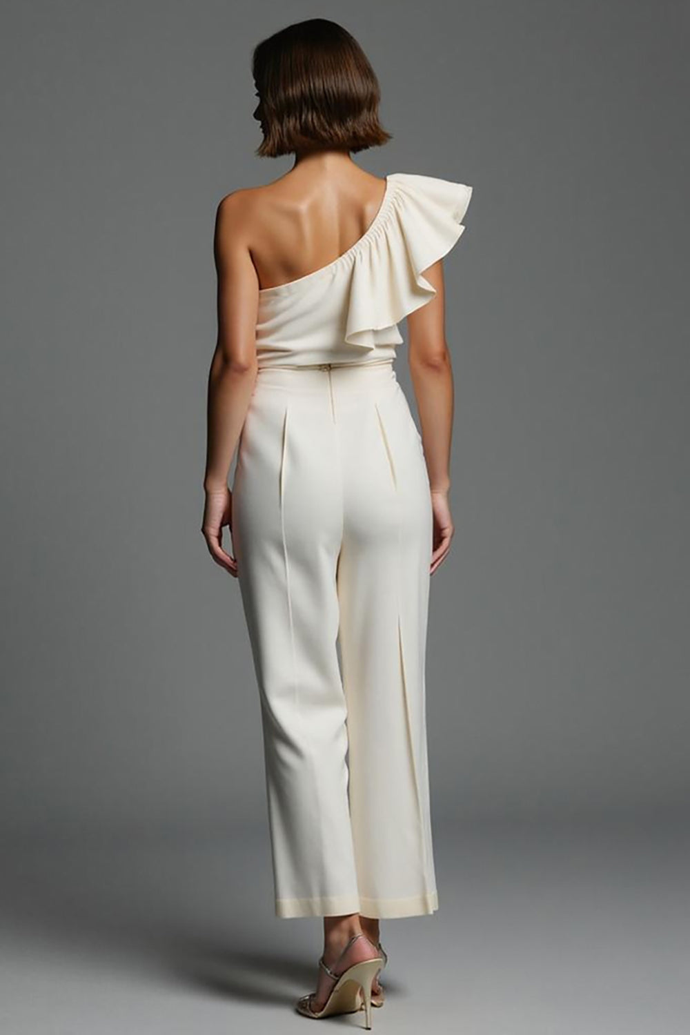 Simple Ivory One Shoulder Work Jumpsuits with Ruffles