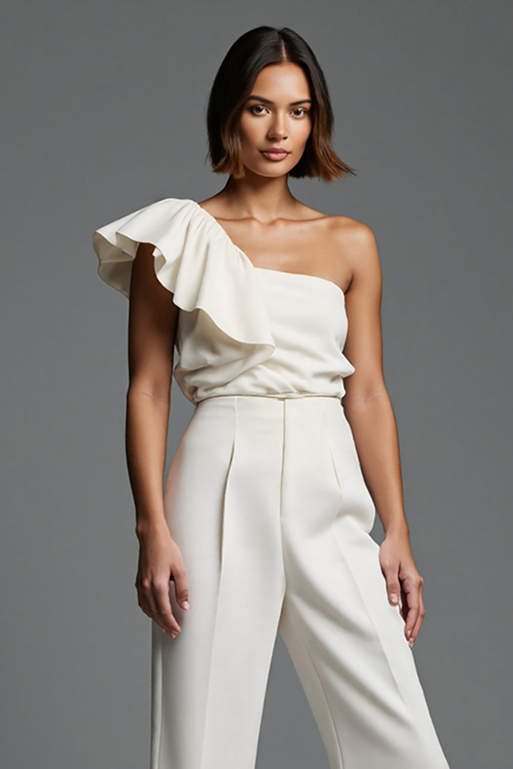 Simple Ivory One Shoulder Work Jumpsuits with Ruffles