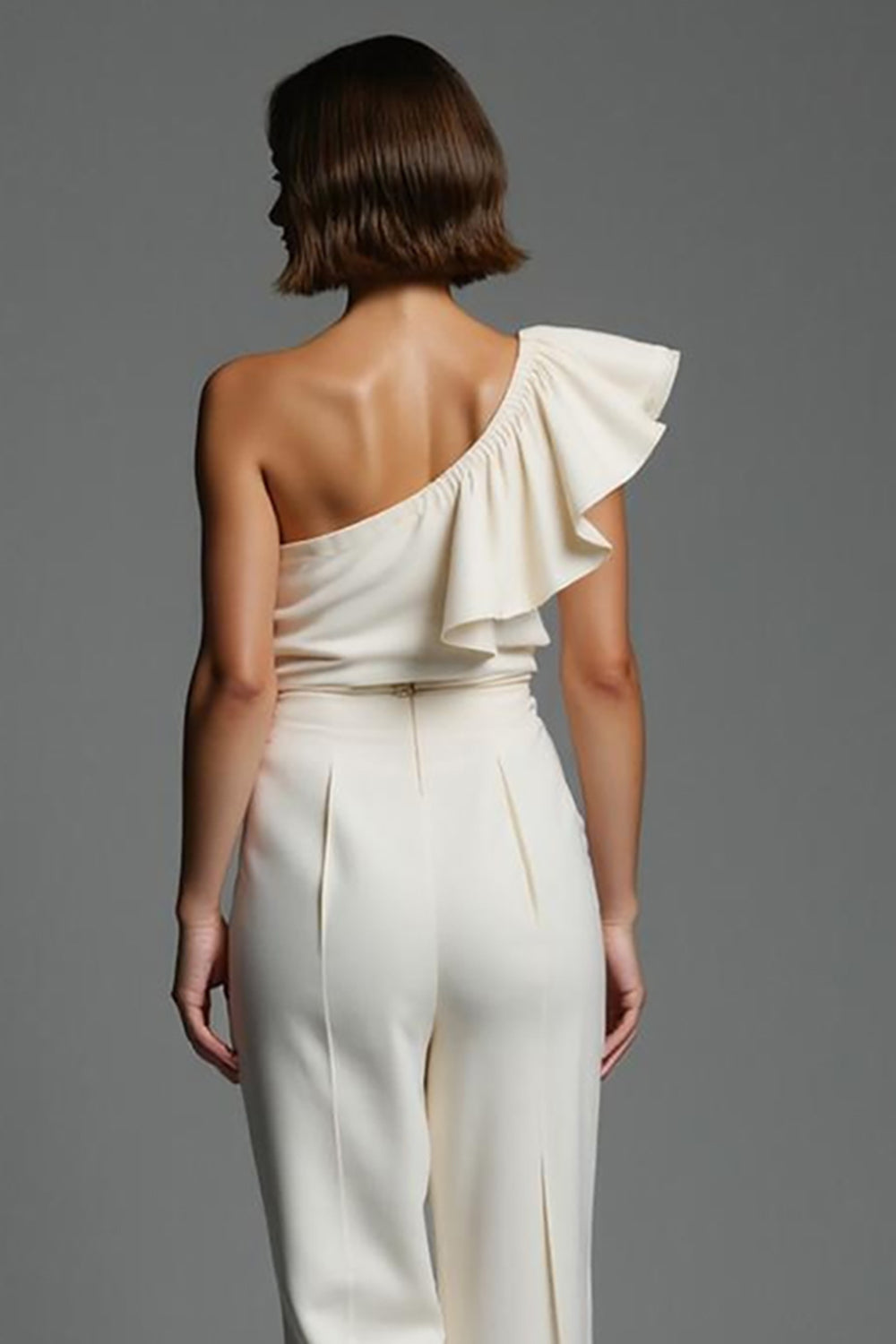 Simple Ivory One Shoulder Work Jumpsuits with Ruffles
