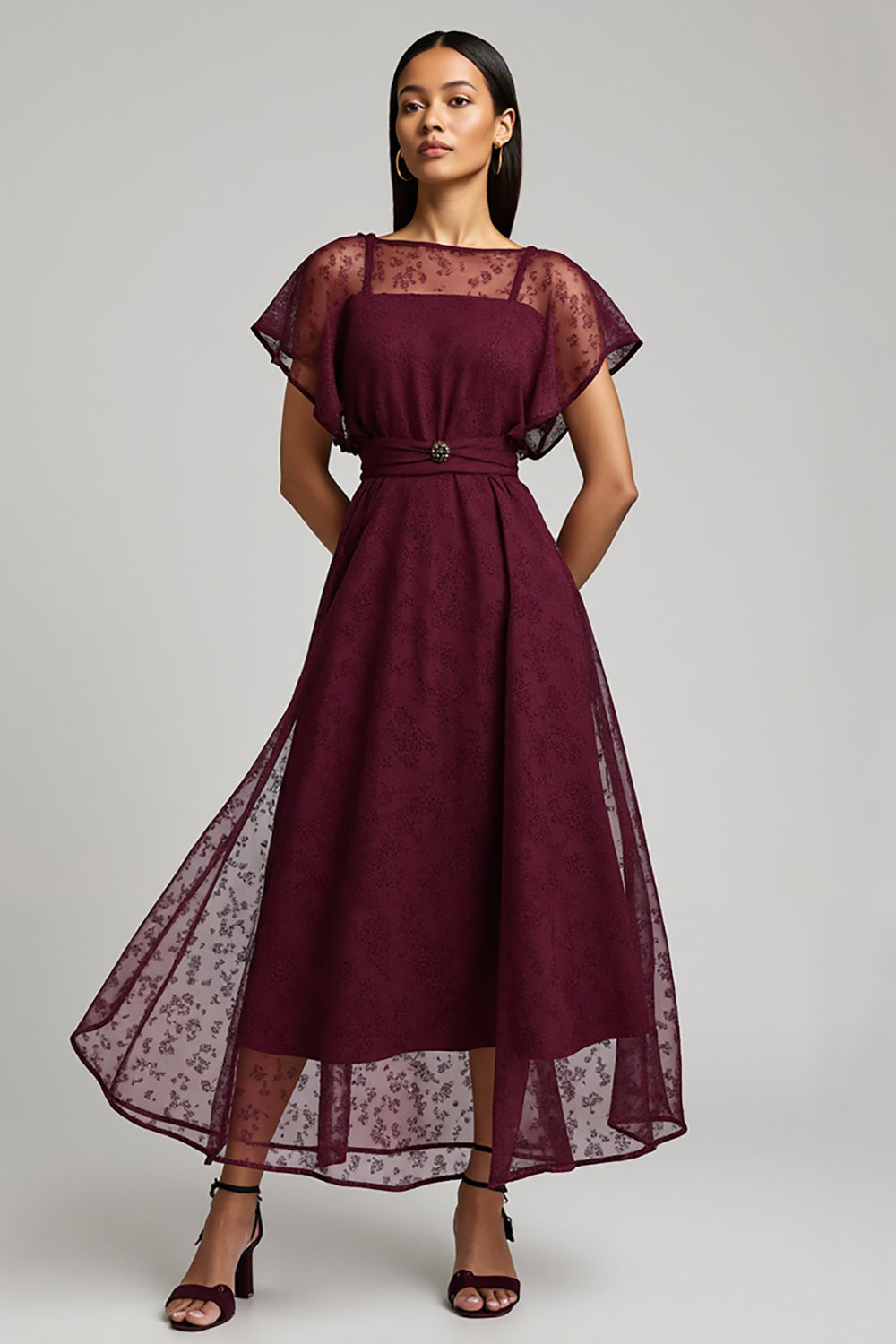 Burgundy A Line Bateau Lace Maxi Work Dress with Sleeves