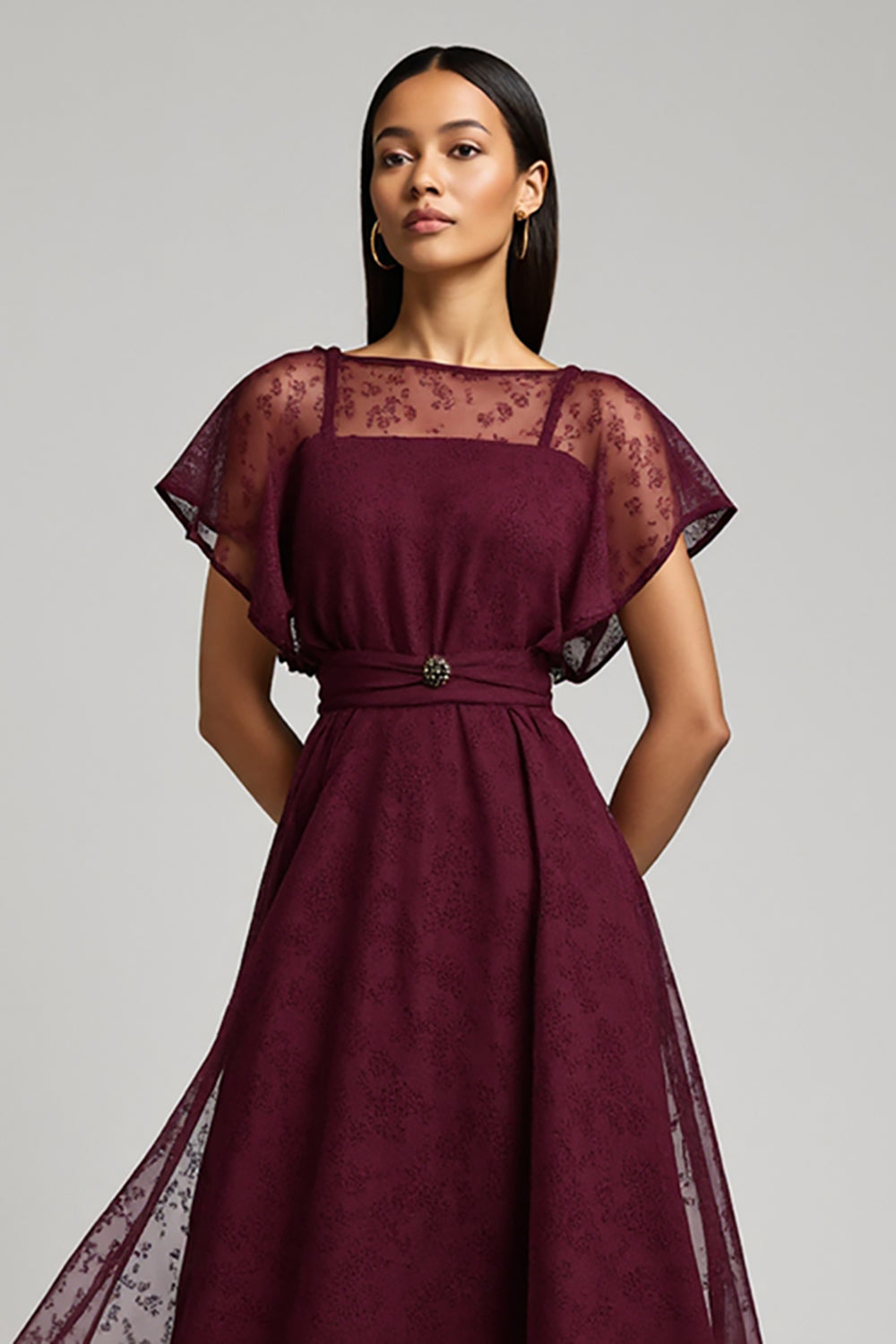 Burgundy A Line Bateau Lace Maxi Work Dress with Sleeves