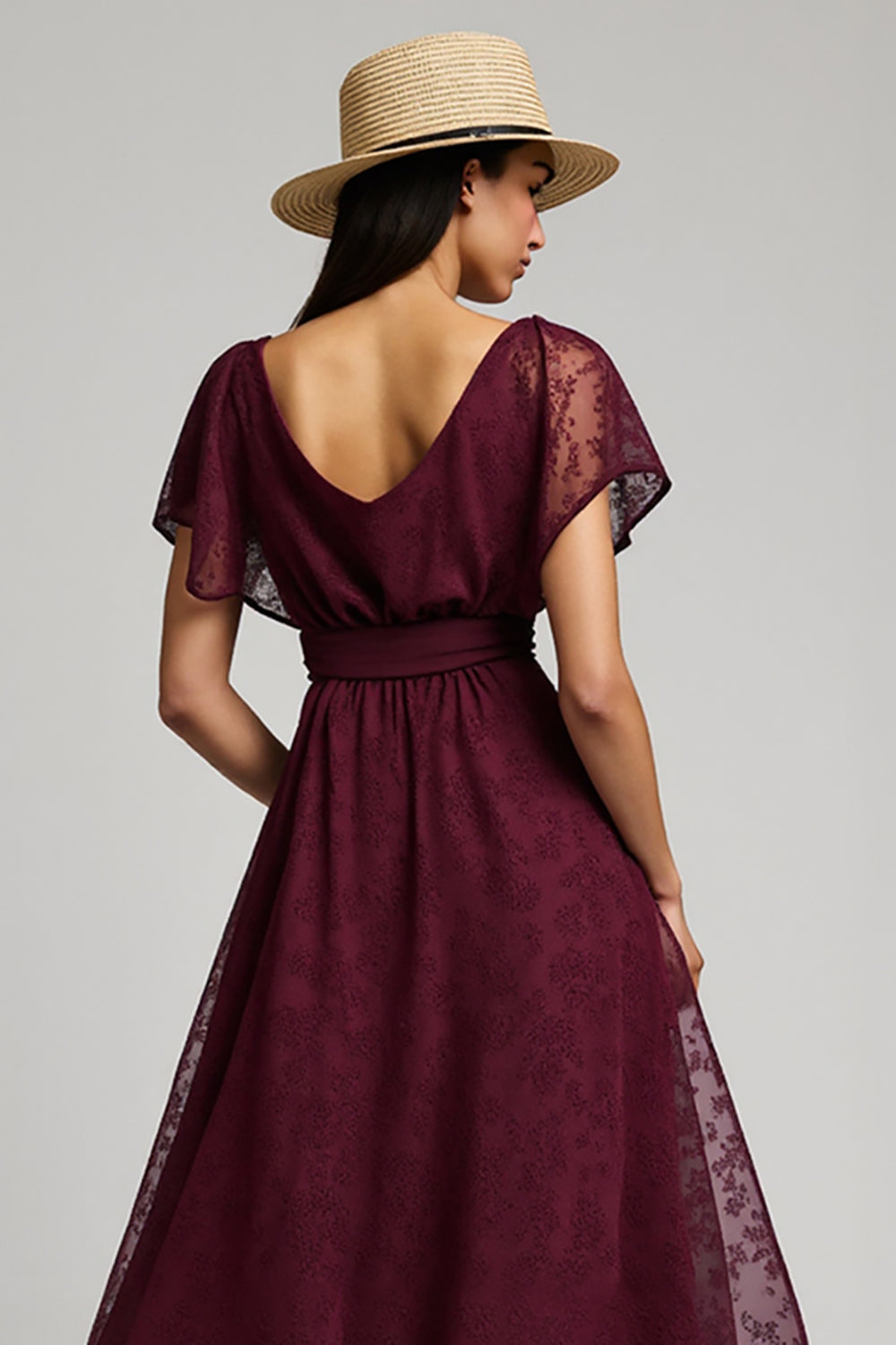 Burgundy A Line Bateau Lace Maxi Work Dress with Sleeves