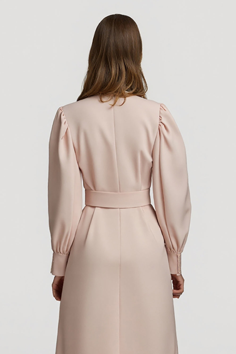 Grey Pink Pencil High Neck Midi Satin Work Dress with Belts