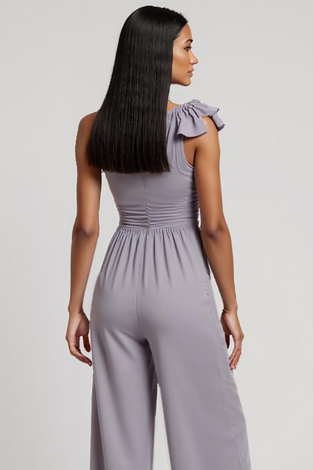 Grey Purple Ruched One Shoulder Work Jumpsuits with 3D Flowers