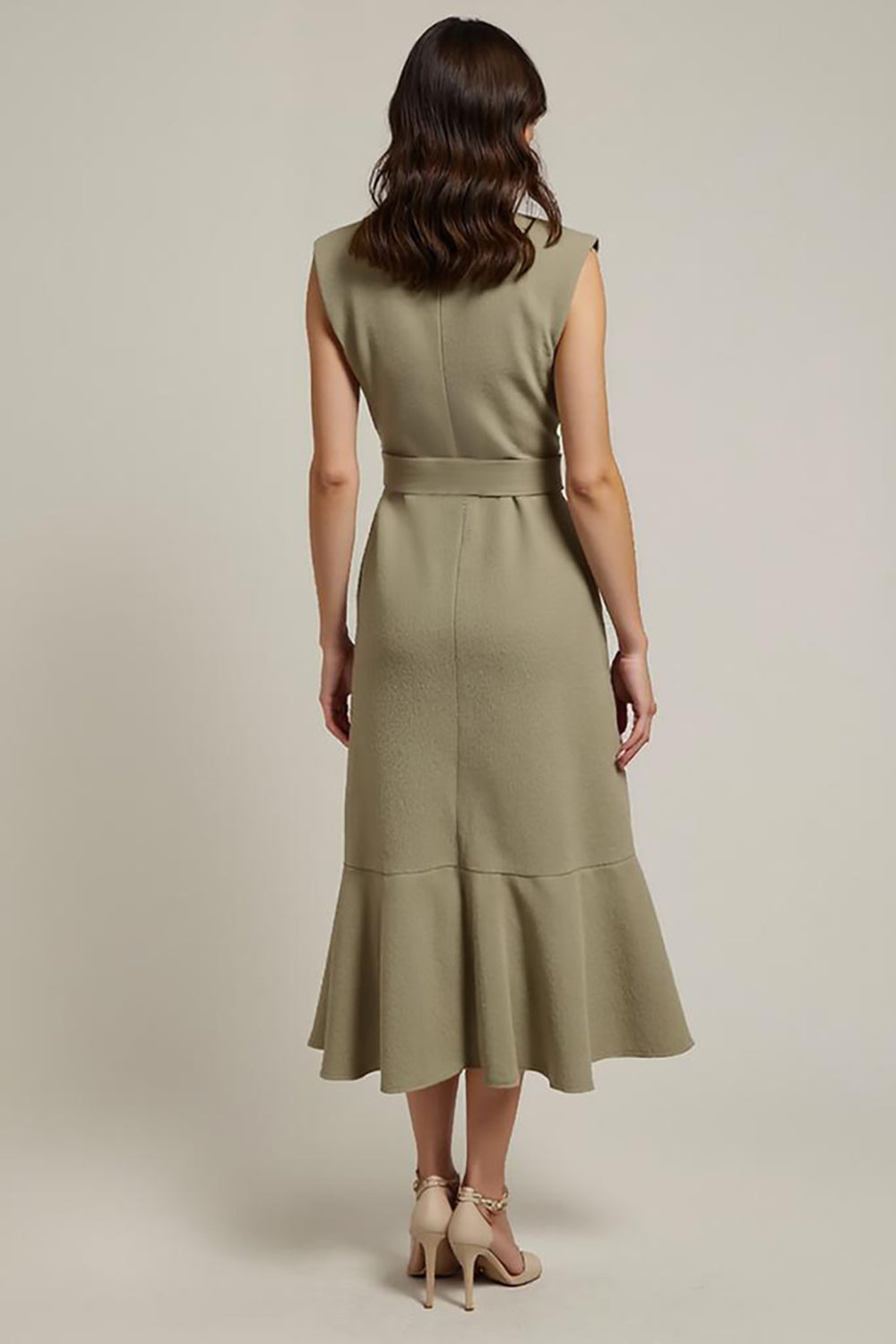 Grey Green Pencil Shawl Lapel Midi Work Dress with Sash
