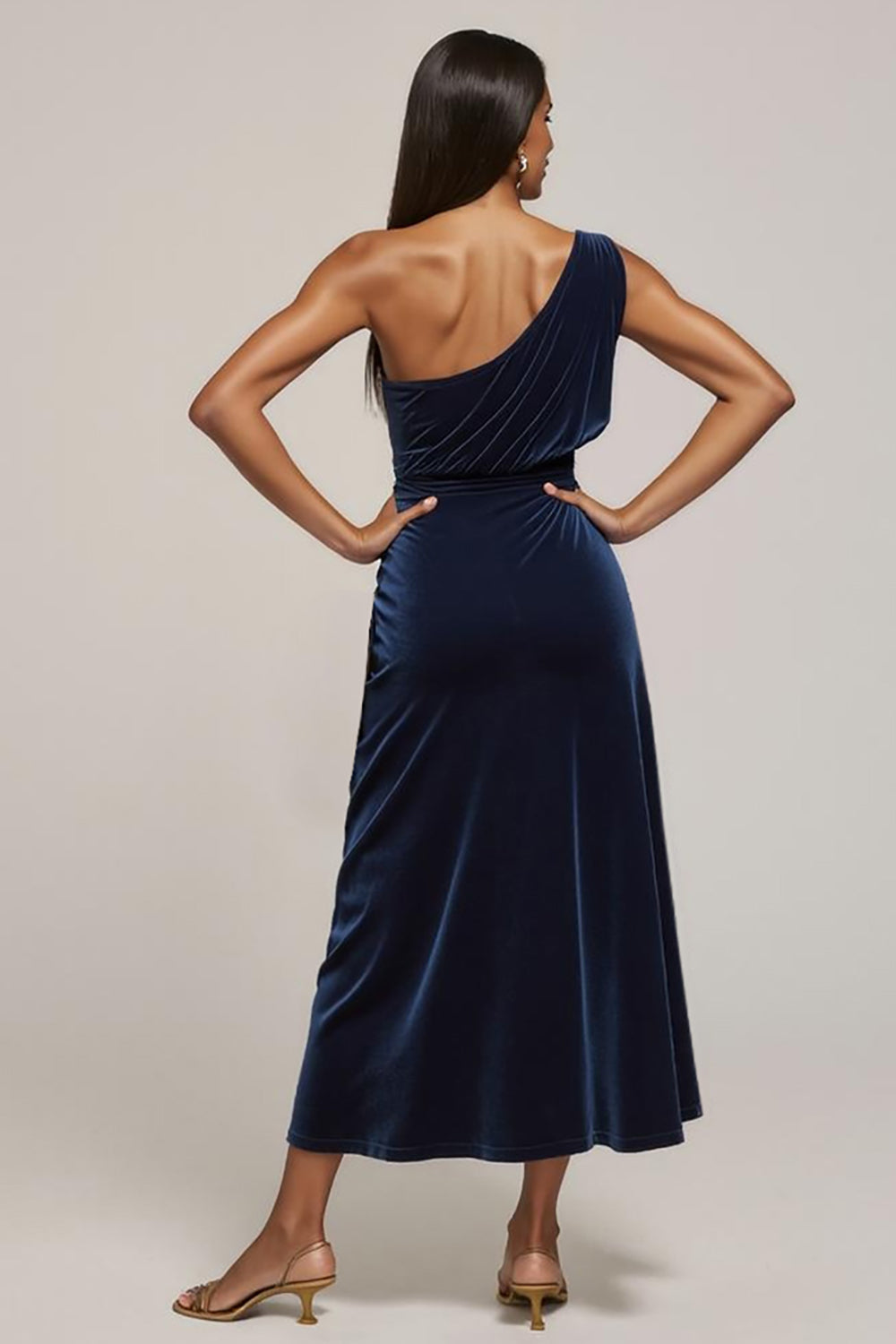 Navy Velvet One Shoulder Midi Ruched Holiday Party Dress with Slit