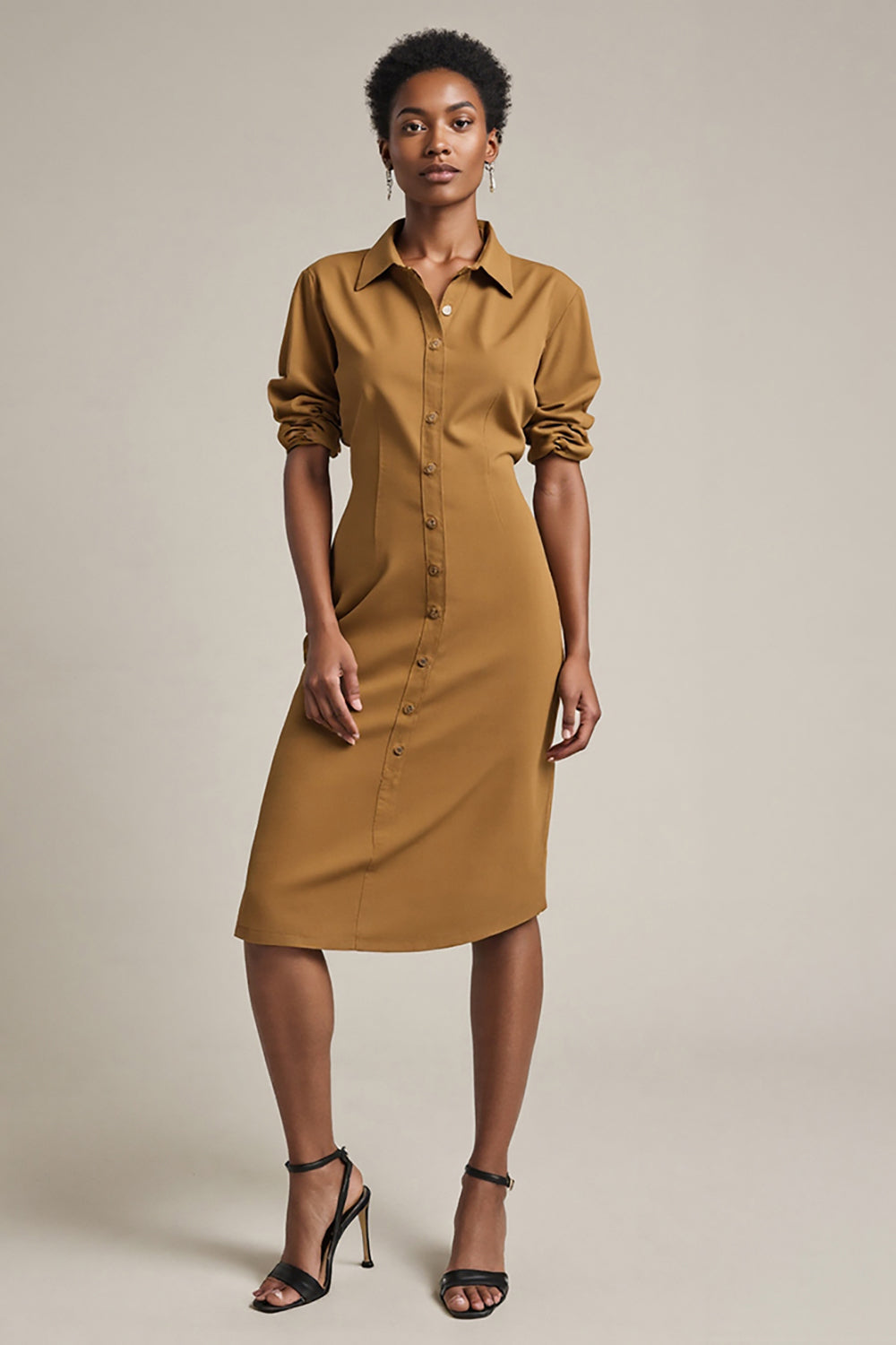 Yellow Collar Single Breasted Pencil Midi Work Dress with Sleeves