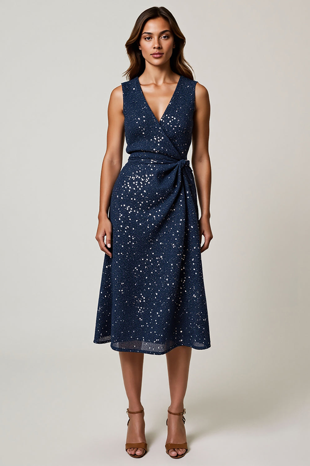 Sparkly Navy A Line V-Neck Midi Ruched Holiday Party Dress
