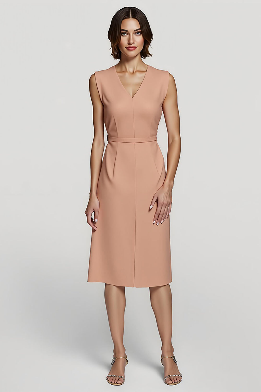 Simple Orange Pencil V-Neck Midi Satin Work Dress