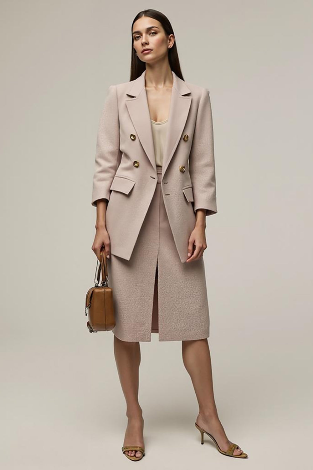 2 Piece Grey Pink Pencil Notched Lapel Business Suits with Slit
