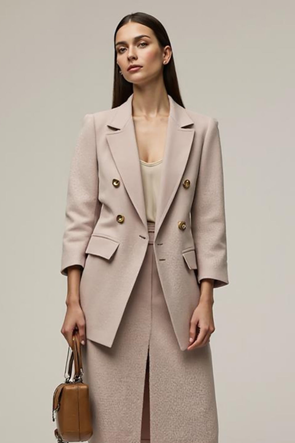 2 Piece Grey Pink Pencil Notched Lapel Business Suits with Slit