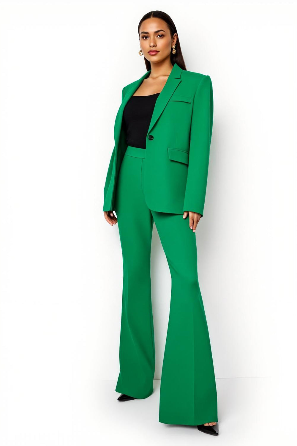 2 Piece Dark Green Wide Leg Satin Notched Lapel Work Suits