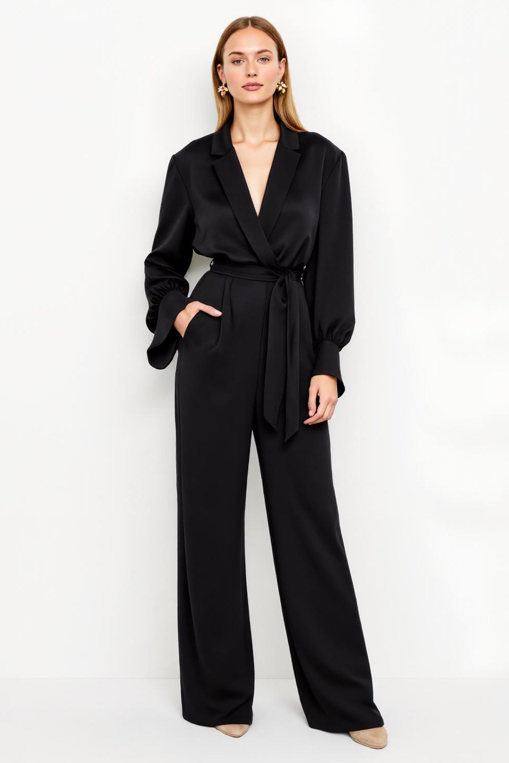 Black Notched Lapel Satin Work Jumpsuits with Sash