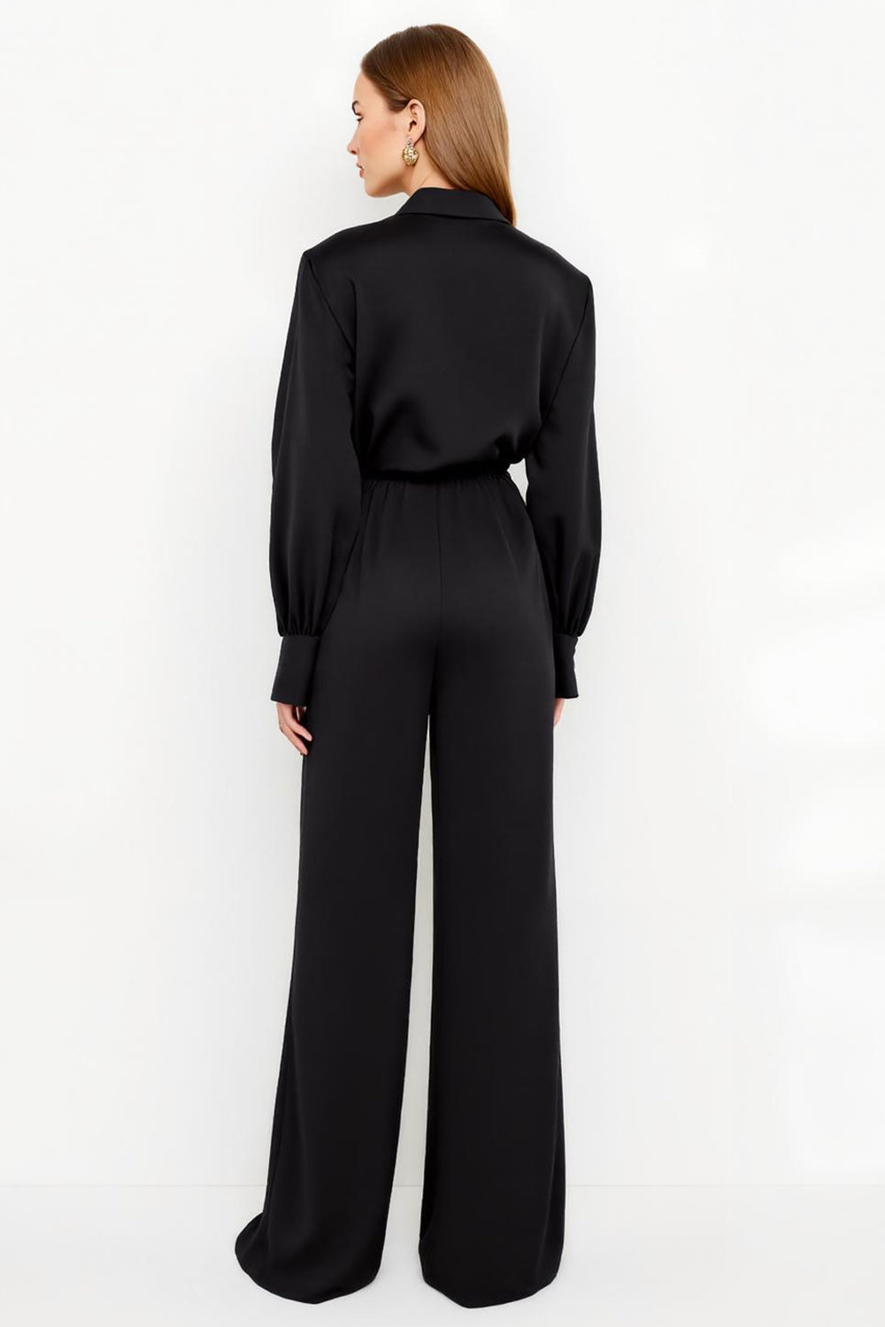 Black Notched Lapel Satin Work Jumpsuits with Sash