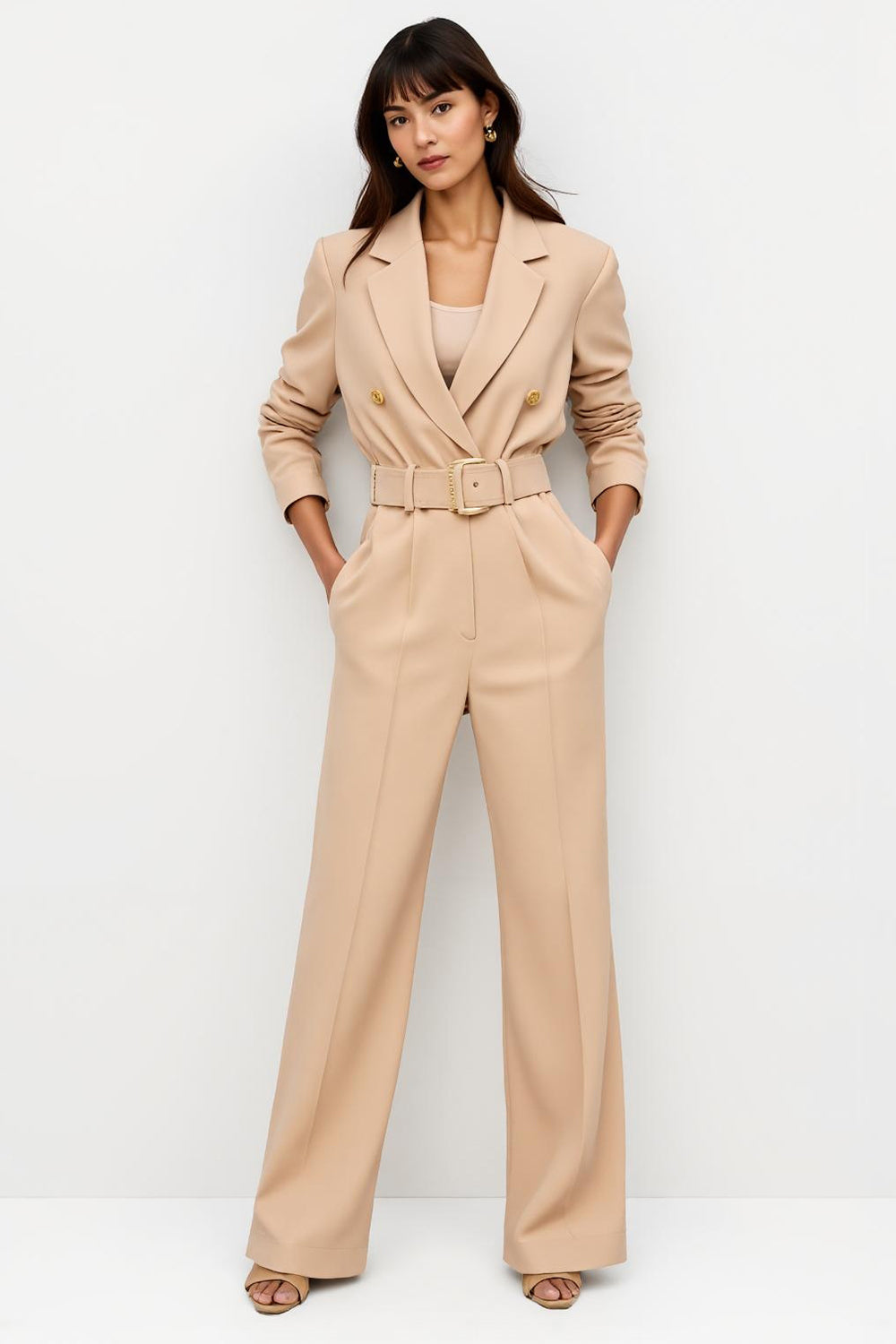 Apricot Satin Notched Lapel Long Sleeves Work Jumpsuits with Belt