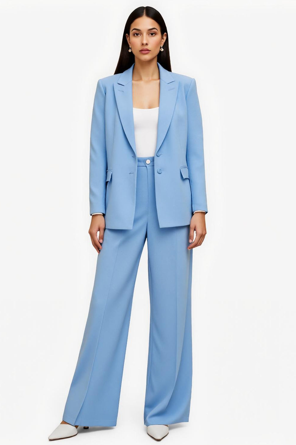 2 Piece Blue Satin Peak Lapel Single Breasted Business Suits