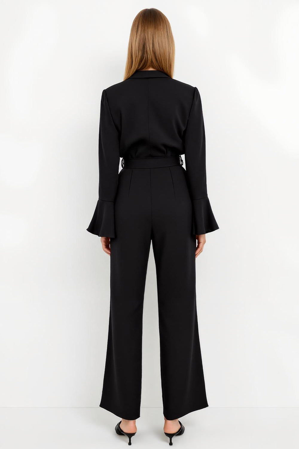 Black Satin Peak Lapel Flare Sleeves Work Jumpsuits with Sash