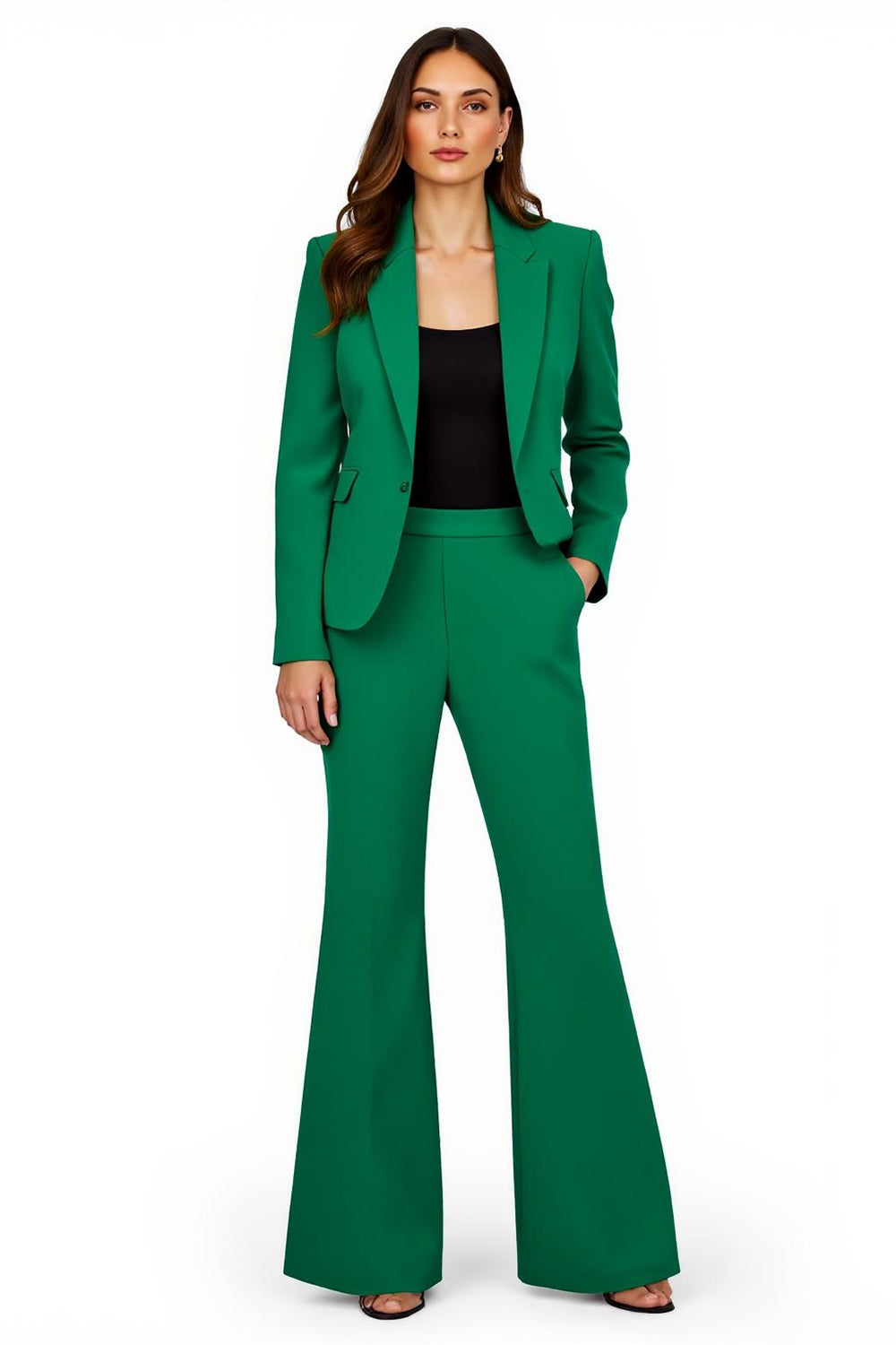2 Piece Dark Green Satin Flare Leg Peak Lapel Work Suits with Pockets