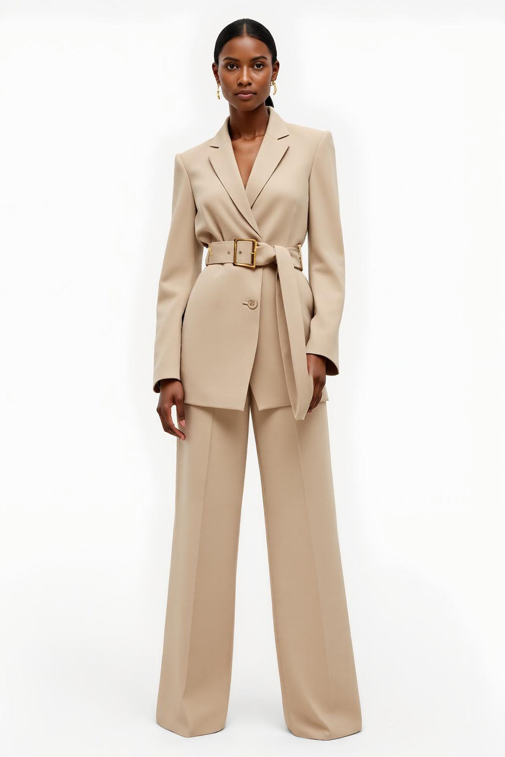 Apricot 2 Piece Notched Lapel Satin Wide Leg Women Business Suits with Belt