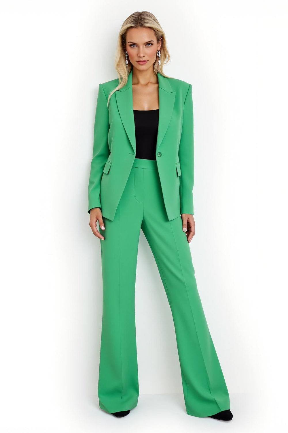 2 Piece Green Flare Leg Satin Peak Lapel Work Suits with Sleeves