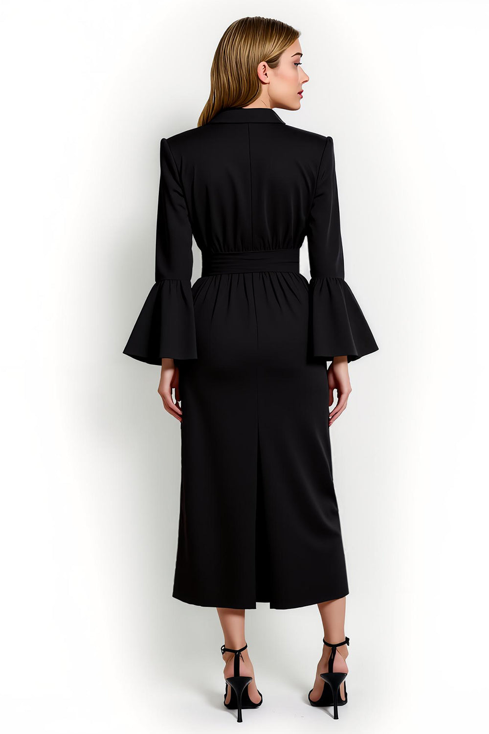Black Pencil Notched Lapel Flare Sleeves Maxi Blazer Dress with Sash