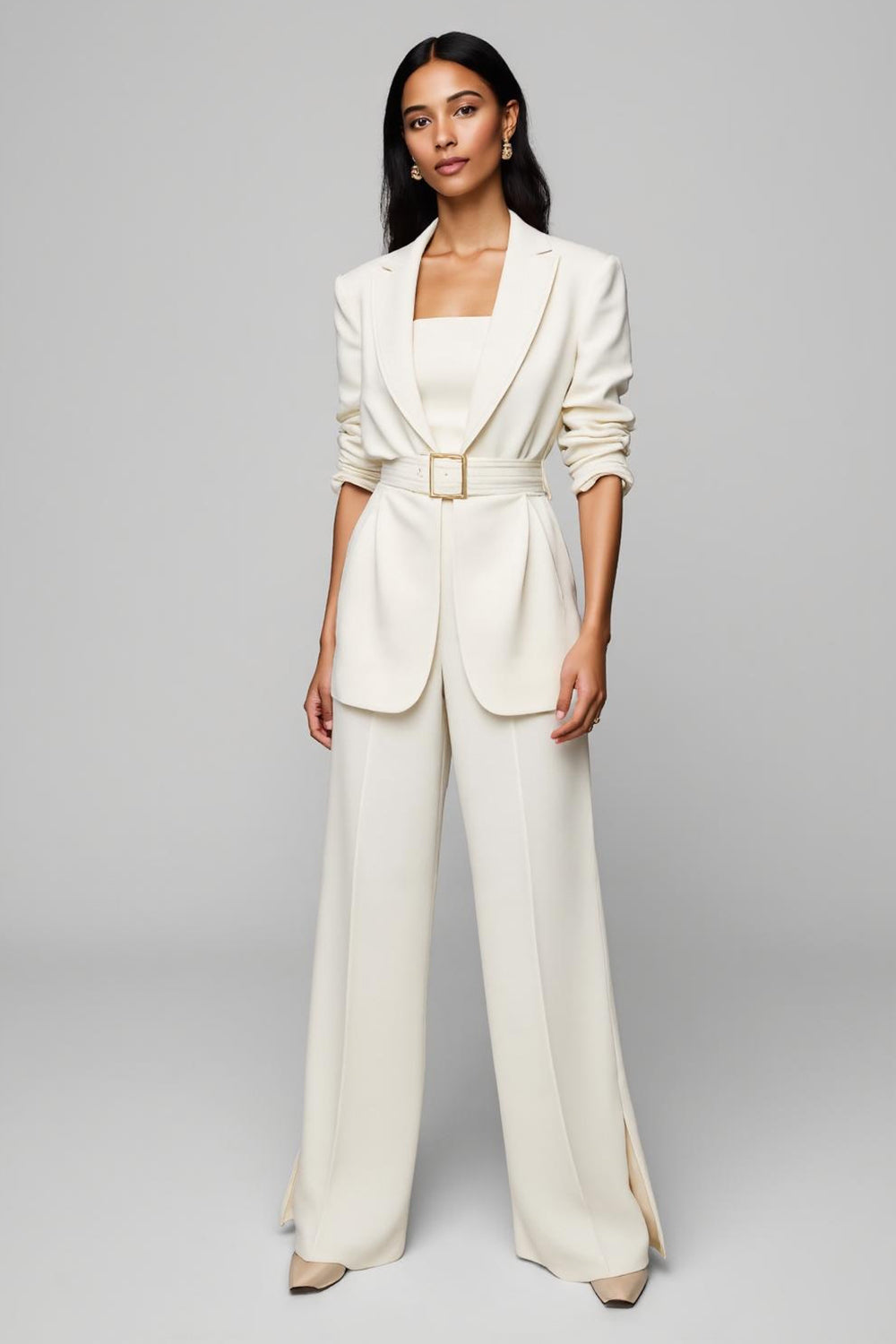 2 Piece Ivory Peak Lapel Wide Leg Business Suits with Belt