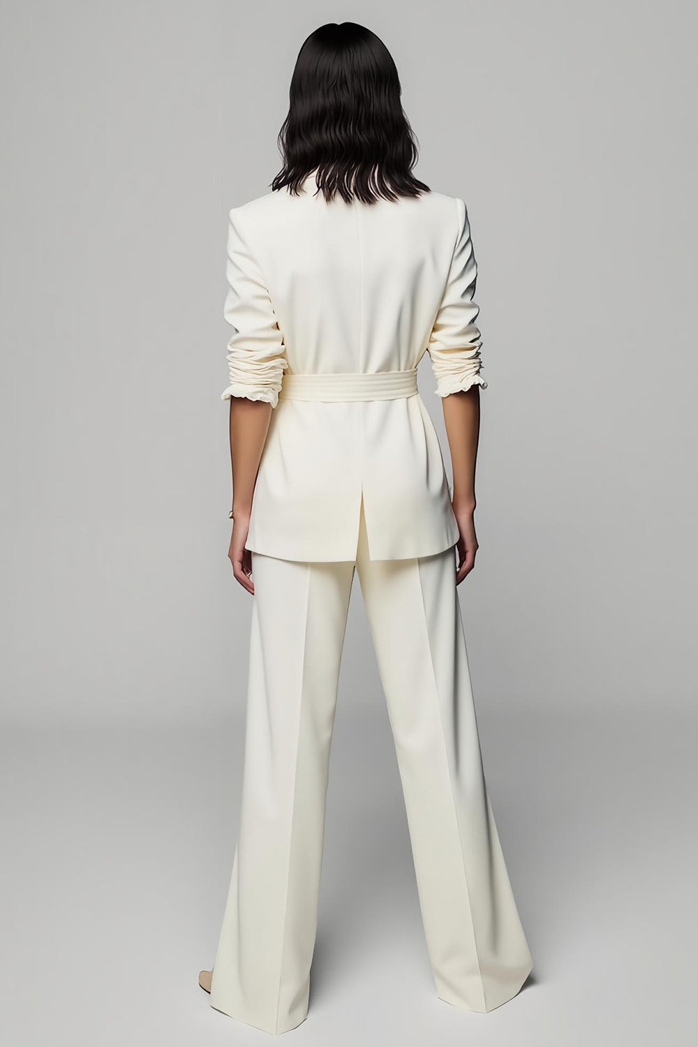 2 Piece Ivory Peak Lapel Wide Leg Business Suits with Belt