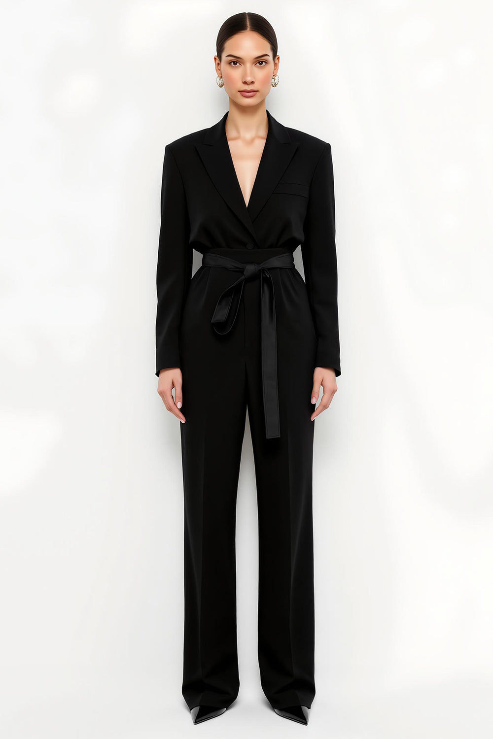 Black Satin Peak Lapel Long Sleeves Work Jumpsuits with Sash
